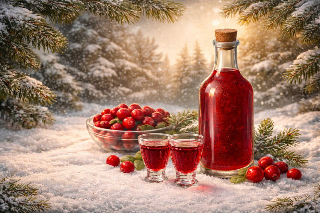 Γυάλινο κομψό μπουκάλι με βαθύ κόκκινο λικέρ κράνμπερι δίπλα σε κλαδιά έλατου