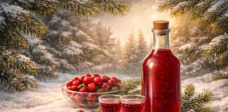 Γυάλινο κομψό μπουκάλι με βαθύ κόκκινο λικέρ κράνμπερι δίπλα σε κλαδιά έλατου