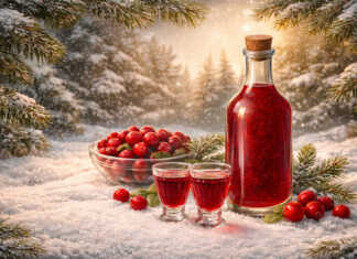 Γυάλινο κομψό μπουκάλι με βαθύ κόκκινο λικέρ κράνμπερι δίπλα σε κλαδιά έλατου