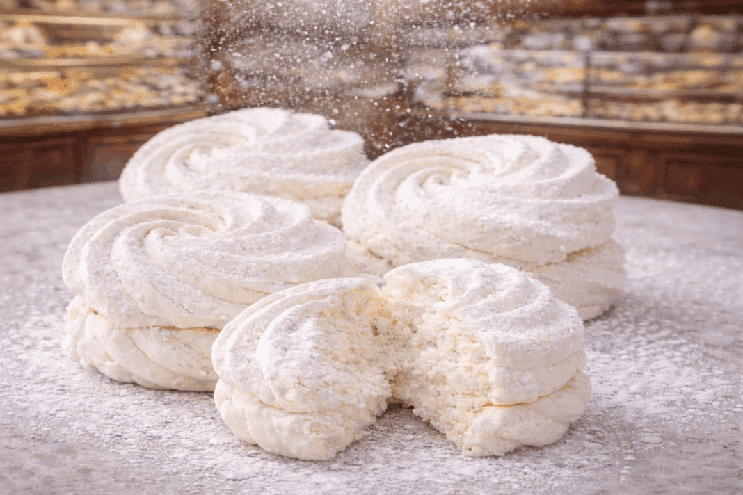 Χιονάτοι σπιτικοί μπεζέδες μήλου πασπαλισμένοι με άχνη ζάχαρη και κορν φλάουρ πάνω σε λαδόκολλα