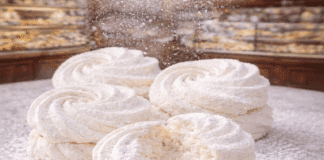 Χιονάτοι σπιτικοί μπεζέδες μήλου πασπαλισμένοι με άχνη ζάχαρη και κορν φλάουρ πάνω σε λαδόκολλα