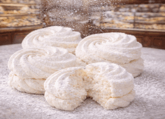 Χιονάτοι σπιτικοί μπεζέδες μήλου πασπαλισμένοι με άχνη ζάχαρη και κορν φλάουρ πάνω σε λαδόκολλα