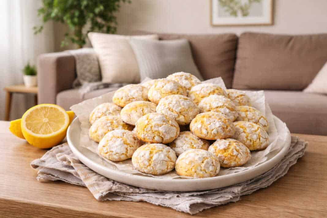 Σπιτικά μπισκότα με λεμόνι πασπαλισμένα με άχνη ζάχαρη, με έντονο κίτρινο χρώμα από τον κουρκουμά