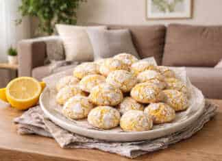 Σπιτικά μπισκότα με λεμόνι πασπαλισμένα με άχνη ζάχαρη, με έντονο κίτρινο χρώμα από τον κουρκουμά