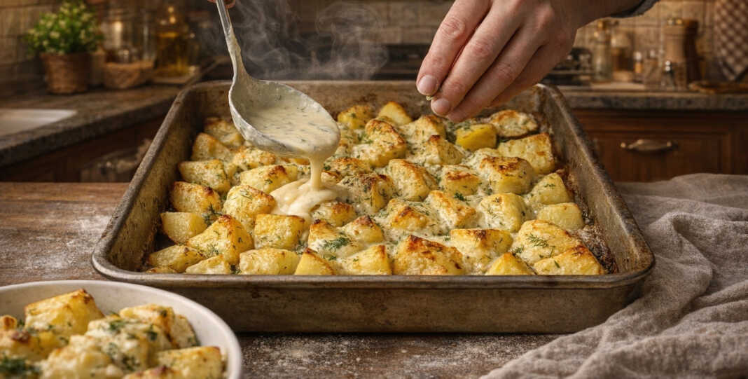 Ταψί με χρυσαφένιες πατάτες au gratin που καλύπτονται από λιωμένο τυρί και φρέσκο άνηθο