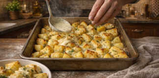 Ταψί με χρυσαφένιες πατάτες au gratin που καλύπτονται από λιωμένο τυρί και φρέσκο άνηθο
