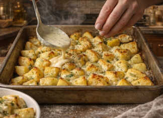 Ταψί με χρυσαφένιες πατάτες au gratin που καλύπτονται από λιωμένο τυρί και φρέσκο άνηθο