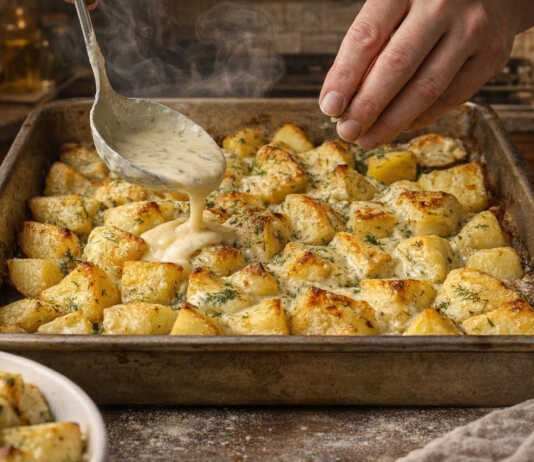 Ταψί με χρυσαφένιες πατάτες au gratin που καλύπτονται από λιωμένο τυρί και φρέσκο άνηθο