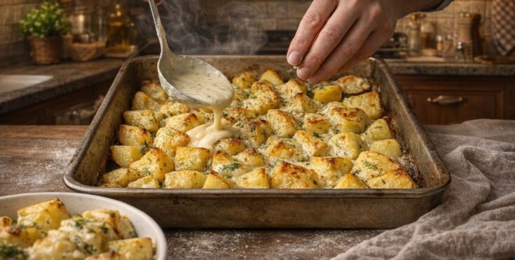 Ταψί με χρυσαφένιες πατάτες au gratin που καλύπτονται από λιωμένο τυρί και φρέσκο άνηθο