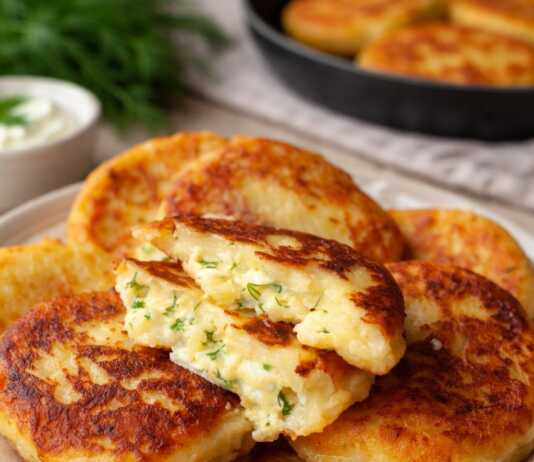 Χρυσαφένιοι πατατοκεφτέδες στο τηγάνι, με την πλούσια γέμιση από τυρί και αυγό να ξεπροβάλλει λαχταριστή.