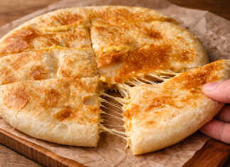 Χρυσαφένιο πατατόψωμο στο τηγάνι που κόβεται στη μέση και τρέχει λιωμένη μοτσαρέλα