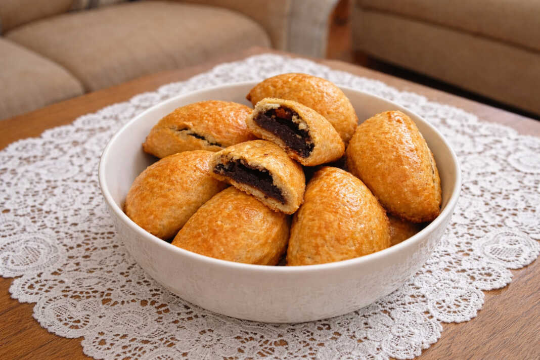 Σειρά από χρυσαφένια πιτάκια με δαμάσκηνα, αλειμμένα με γυαλιστερή μαρμελάδα, τοποθετημένα σε μια ξύλινη επιφάνεια.