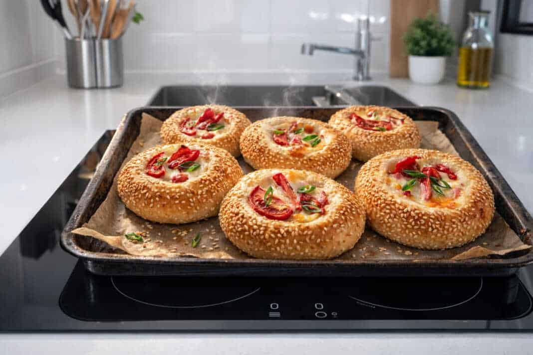 Αφράτα μίνι ψωμάκια πίτσας με σουσάμι ζαμπόν τυρί και πιπεριά τοποθετημένα σε σειρά πάνω σε λαδόκολλα