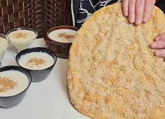 Τραγανή λαγάνα πασπαλισμένη με σουσάμι δίπλα σε μπολάκια με κρεμώδες ρυζόγαλο και κανέλα