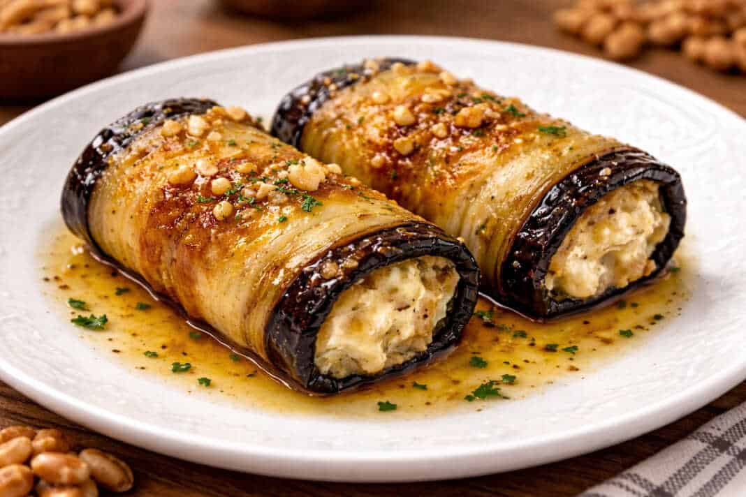 Χρυσαφένια ρολάκια μελιτζάνας γεμισμένα με πλούσιο λευκό τυρί κρέμα και δροσερά κομμάτια ντομάτας