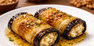 Χρυσαφένια ρολάκια μελιτζάνας γεμισμένα με πλούσιο λευκό τυρί κρέμα και δροσερά κομμάτια ντομάτας