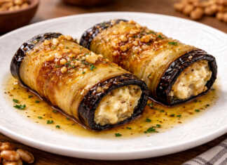 Χρυσαφένια ρολάκια μελιτζάνας γεμισμένα με πλούσιο λευκό τυρί κρέμα και δροσερά κομμάτια ντομάτας