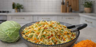 Μια πολύχρωμη και φρέσκια σαλάτα με ψιλοκομμένο λάχανο, καρότο, πιπεριές και αγγούρι, περιχυμένη με πράσινη σάλτσα μυρωδικών