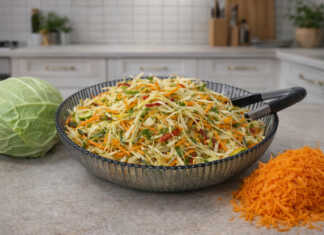 Μια πολύχρωμη και φρέσκια σαλάτα με ψιλοκομμένο λάχανο, καρότο, πιπεριές και αγγούρι, περιχυμένη με πράσινη σάλτσα μυρωδικών