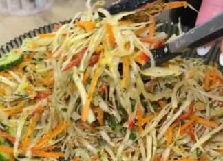 Μια πολύχρωμη και φρέσκια σαλάτα με ψιλοκομμένο λάχανο, καρότο, πιπεριές και αγγούρι, περιχυμένη με πράσινη σάλτσα μυρωδικών