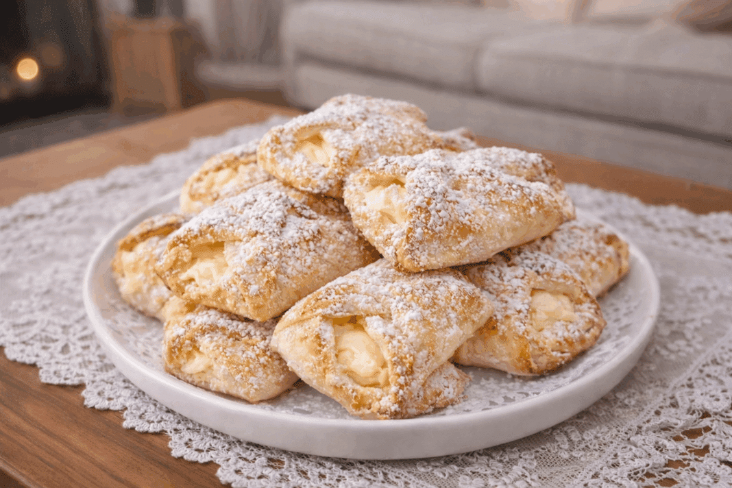 Χρυσαφένια σφολιατάκια γεμισμένα με κρεμώδες λευκό τυρί και σταφίδες, πασπαλισμένα με άχνη ζάχαρη.