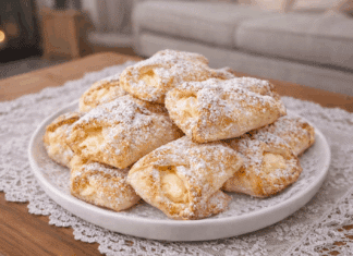 Χρυσαφένια σφολιατάκια γεμισμένα με κρεμώδες λευκό τυρί και σταφίδες, πασπαλισμένα με άχνη ζάχαρη.