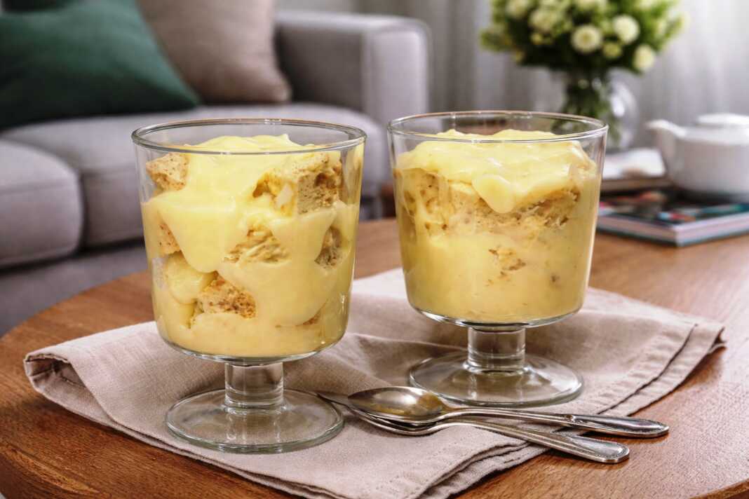 Στρώσεις από αφράτο παντεσπάνι μελιού και λευκή κρέμα βανίλιας σε γυάλινο μπολ διακοσμημένο με σοκολάτα