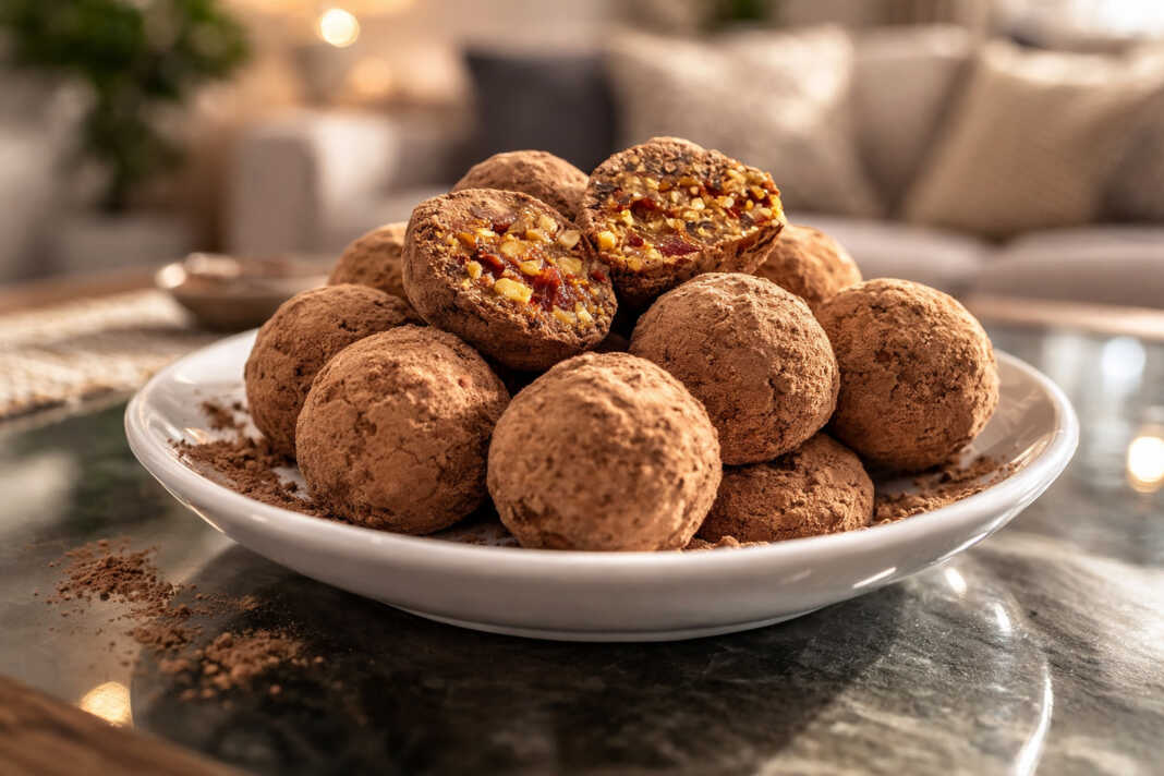 Μια ποικιλία από υγιεινά τρουφάκια με αποξηραμένα φρούτα καλυμμένα με κακάο σουσάμι και νιφάδες καρύδας τοποθετημένα σε μια πιατέλα