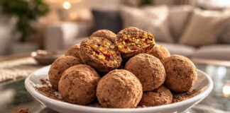 Μια ποικιλία από υγιεινά τρουφάκια με αποξηραμένα φρούτα καλυμμένα με κακάο σουσάμι και νιφάδες καρύδας τοποθετημένα σε μια πιατέλα