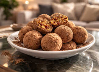 Μια ποικιλία από υγιεινά τρουφάκια με αποξηραμένα φρούτα καλυμμένα με κακάο σουσάμι και νιφάδες καρύδας τοποθετημένα σε μια πιατέλα