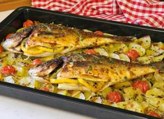 Δύο ολόκληρες τσιπούρες ψημένες στο φούρνο πάνω σε ένα στρώμα από ροδέλες πατάτας και κρεμμυδιού, περιτριγυρισμένες από ζουμερά ντοματίνια.