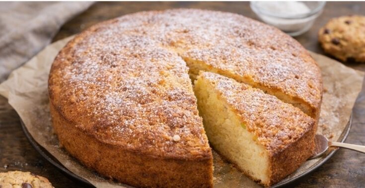 Ένα χρυσαφένιο σιμιγδαλόπαστο κέικ κομμένο σε ρόμβους, πασπαλισμένο ελαφρώς με άχνη ζάχαρη.