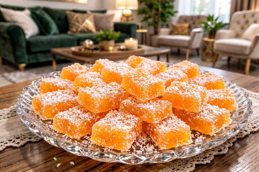 Πορτοκαλένιοι κύβοι από ζελεδάκια μανταρίνι καλυμμένοι με λευκές νιφάδες καρύδας σε μια πιατέλα