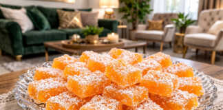 Πορτοκαλένιοι κύβοι από ζελεδάκια μανταρίνι καλυμμένοι με λευκές νιφάδες καρύδας σε μια πιατέλα