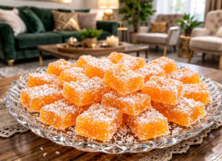 Πορτοκαλένιοι κύβοι από ζελεδάκια μανταρίνι καλυμμένοι με λευκές νιφάδες καρύδας σε μια πιατέλα