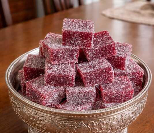Μικροί κύβοι από χειροποίητα ζελεδάκια βατόμουρου σε έντονο κόκκινο χρώμα, καλυμμένοι με ζάχαρη και τοποθετημένοι σε σειρά.