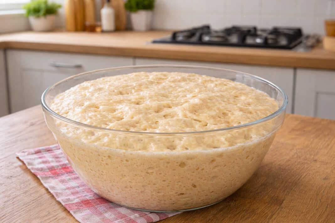 Μια λεία και αφράτη λευκή ζύμη μέσα σε μπολ δίπλα σε σύνεργα κουζίνας και αλεύρι