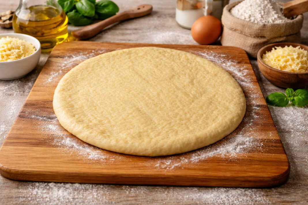 Ελαστική και λεία ζύμη για πίτσα πάνω σε αλευρωμένο πάγκο έτοιμη για άνοιγμα