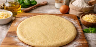 Ελαστική και λεία ζύμη για πίτσα πάνω σε αλευρωμένο πάγκο έτοιμη για άνοιγμα