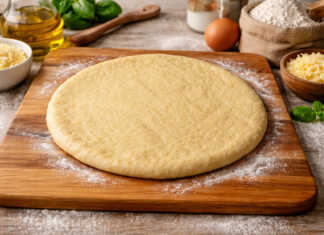 Ελαστική και λεία ζύμη για πίτσα πάνω σε αλευρωμένο πάγκο έτοιμη για άνοιγμα