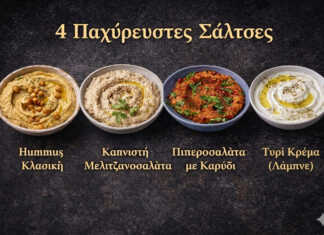 4 Αυθεντικές παχύρευστες Σάλτσες— Οι Καλύτερες Συνταγές Πλατώ με τέσσερα ντιπ — χούμους, μελιτζανοσαλάτα, πιπεροσαλατα και λάμπνε με πίτα και λαχανικά