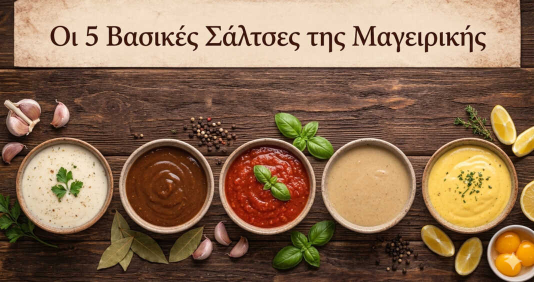 Οι πέντε βασικές σάλτσες της γαλλικής κουζίνας σε μπολ πάνω σε ξύλινη επιφάνεια.