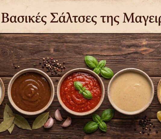 Οι πέντε βασικές σάλτσες της γαλλικής κουζίνας σε μπολ πάνω σε ξύλινη επιφάνεια.