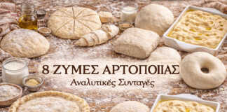 Ποικιλία από σπιτικές ζύμες για ψωμί και πίτσα σε αλευρωμένο πάγκο.