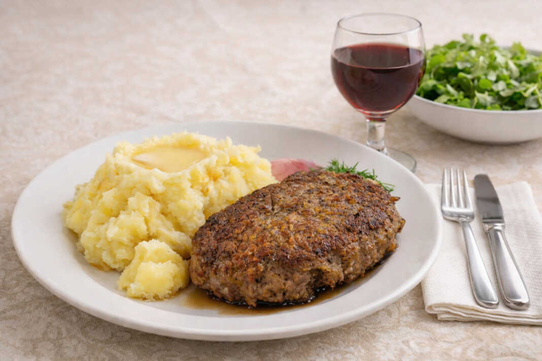 1 ροδοκοκκινισμέναο μπιφτέκια τοποθετημένα δίπλα σε μια πλούσια δόση κρεμώδους πουρέ πατάτας, γαρνιρισμένα με φρέσκο πιπέρι
