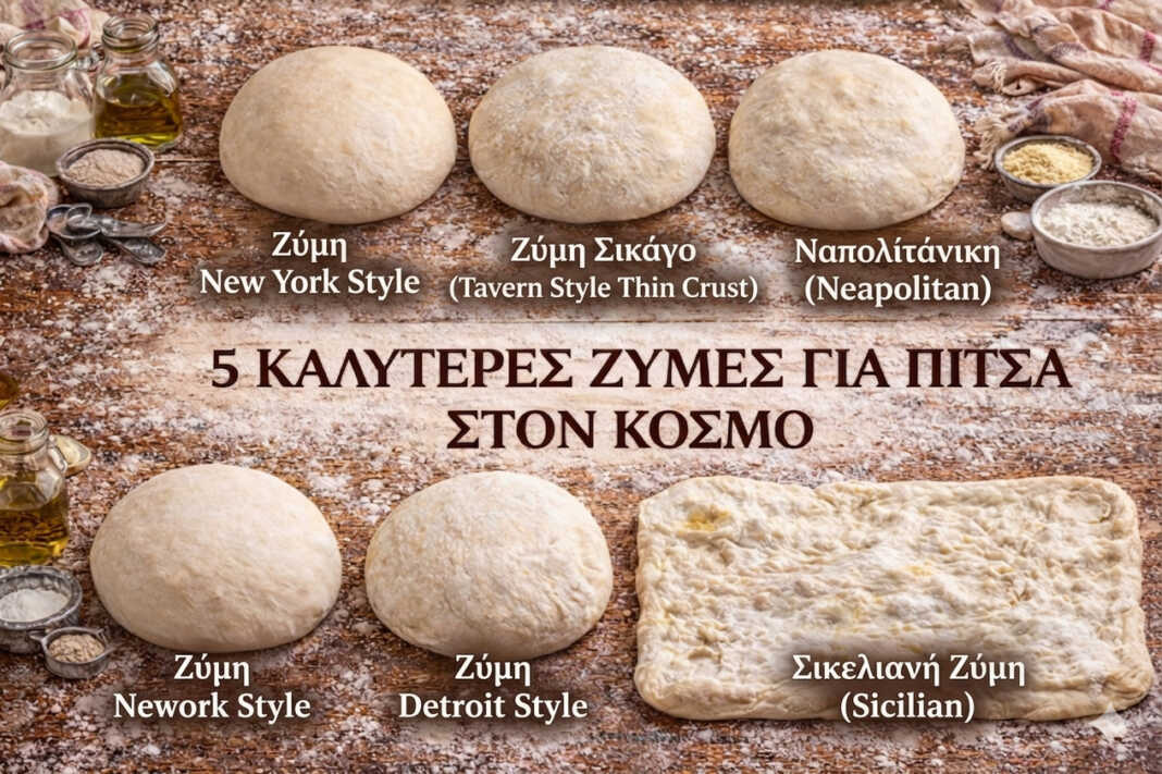 Διαφορετικά είδη ζύμης για πίτσα και υλικά πάνω σε αλευρωμένο πάγκο κουζίνας.