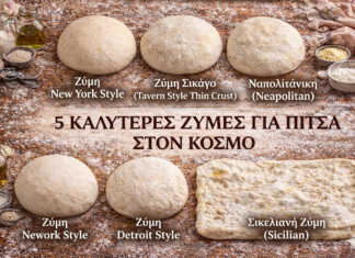 5 ζύμες για πίτσα από τις καλύτερες πιτσαρίες του κόσμου Διαφορετικά είδη ζύμης για πίτσα και υλικά πάνω σε αλευρωμένο πάγκο κουζίνας.