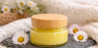 Σπιτική αλοιφή από μαργαρίτες που χύνεται σε μικρά γυάλινα βαζάκια — φυσικό θεραπευτικό προϊόν