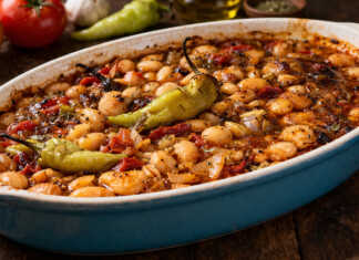 Καλοψημένα φασόλια μέσα σε ταψί με πλούσια κόκκινη σάλτσα, κομμάτια πράσου, καρότου και ολόκληρες καυτερές πιπεριές