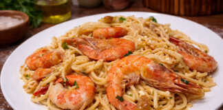 Ζουμερή γαριδομακαρονάδα με πλούσια σάλτσα μουστάρδας, γαρνιρισμένη με φρέσκο μαϊντανό και τριμμένη φέτα